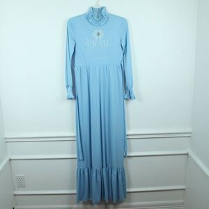 Vintage 70s Baby Blue Ruffle Collar Polyester Maxi Dress Prairie Western XS